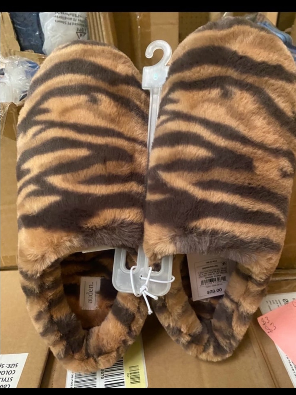 Auden women Tiger-Print Plush Slippers in Brown and Black